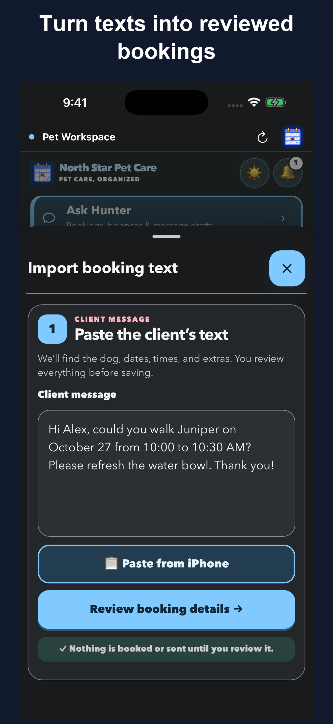 Real Pet Workspace dark-mode Client texts screenshot with fictional client data