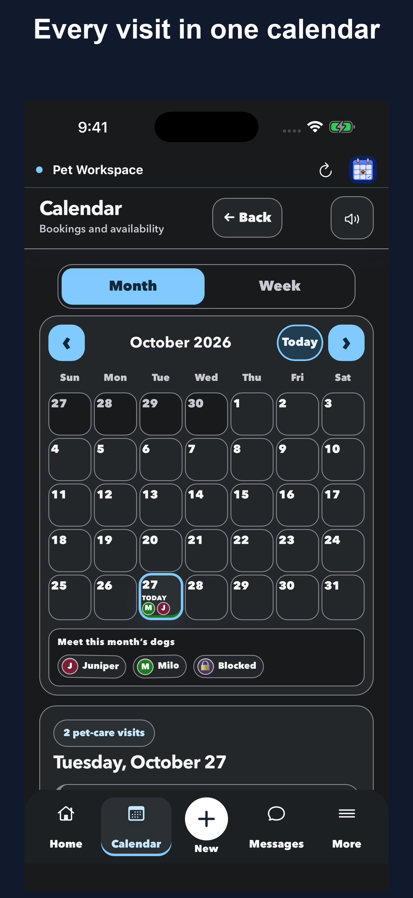 Real Pet Workspace dark-mode Calendar screenshot with fictional client data