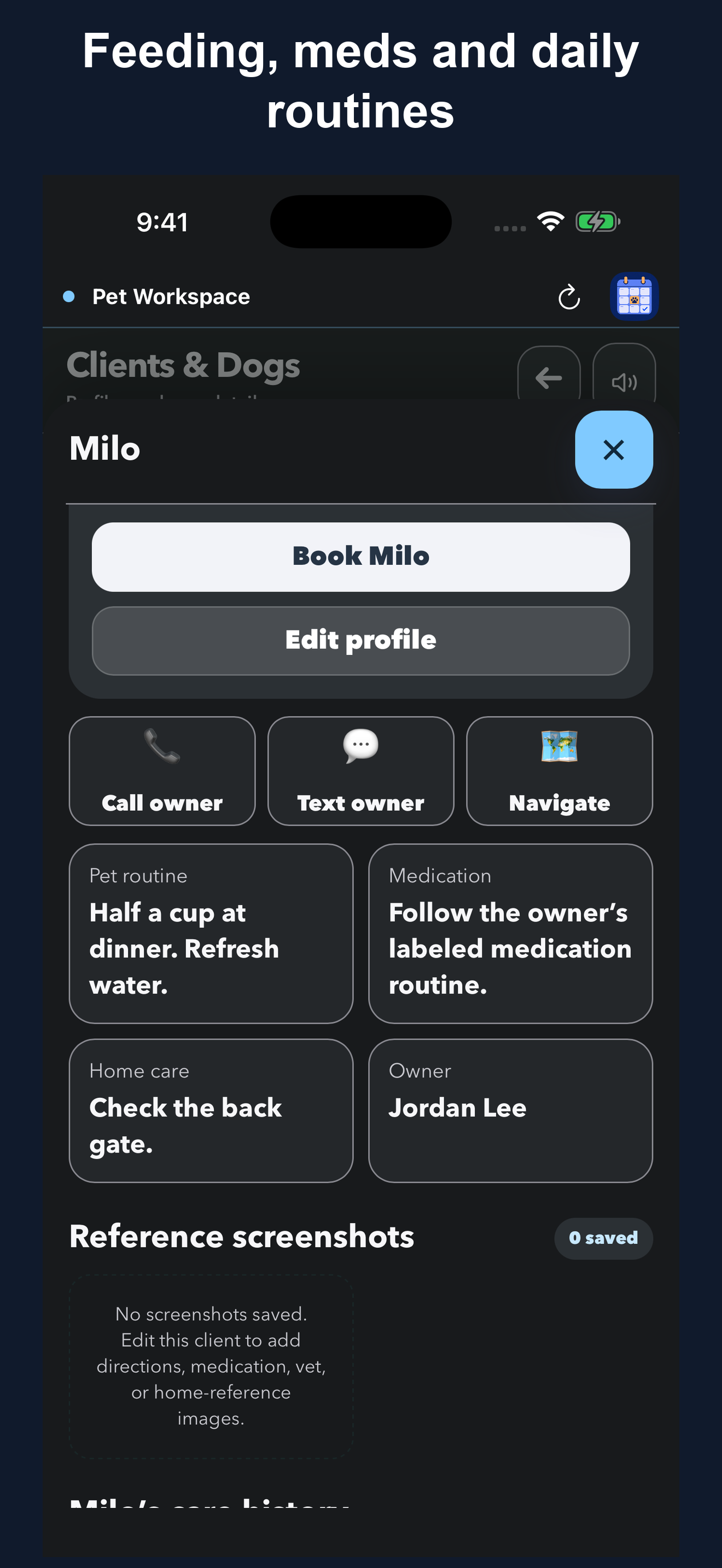 Real Pet Workspace dark-mode Care details screenshot with fictional client data