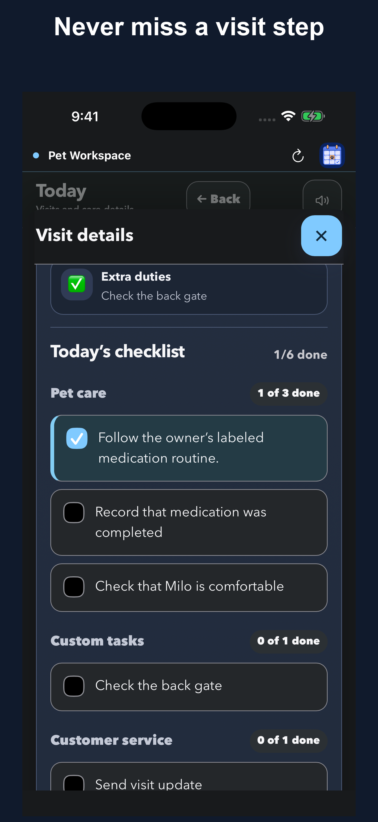Real Pet Workspace dark-mode Care checklist screenshot with fictional client data