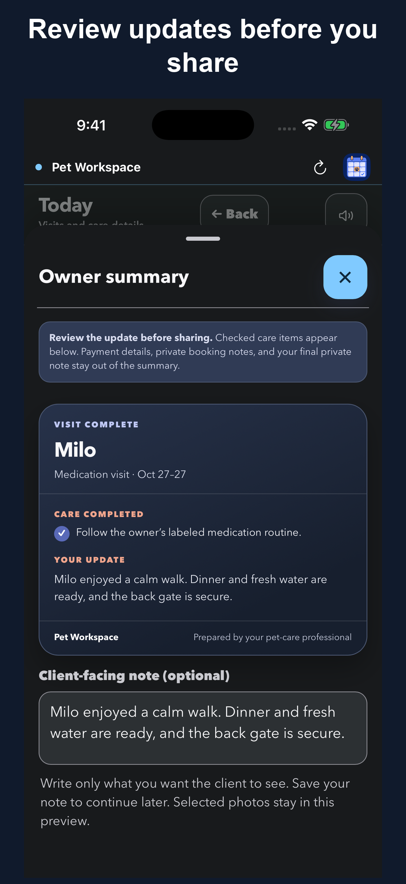 Real Pet Workspace dark-mode Owner updates screenshot with fictional client data